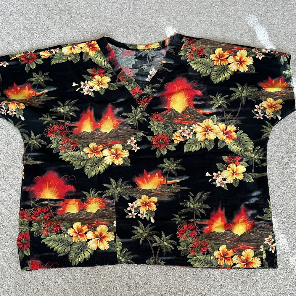 Tropical Volcano Print scrub top